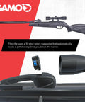 Swarm Whisper 22 Caliber Air Rifle with 10-Shot Repeater and IGT Gas Piston, black finish, displayed with rotary magazine