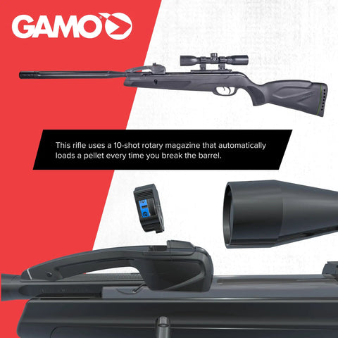 Swarm Whisper 22 Caliber Air Rifle with 10-Shot Repeater and IGT Gas Piston, black finish, displayed with rotary magazine