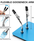 Close-up of soldering helping hands set with 360 degree adjustable magnetic arms and gooseneck clamps on a steel base, 90mm tall.