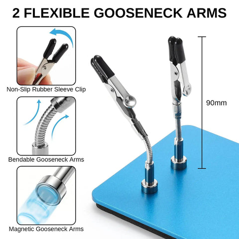 Close-up of soldering helping hands set with 360 degree adjustable magnetic arms and gooseneck clamps on a steel base, 90mm tall.