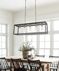 Dope Industrial Modern Farmhouse Kitchen Island Light Chandelier In Black And Brass 5-Light Rectangular Bar Pendant over dining table