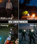 Go-To Rechargeable Headlamp With 8 LED Lights in use for walking a dog, camping, fishing, and skiing at night.