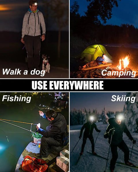Go-To Rechargeable Headlamp With 8 LED Lights in use for walking a dog, camping, fishing, and skiing at night.