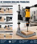 Adjustable Drill Press Stand For Hand Drill Benchtop Workstation With Precision Depth Control Scale, showcasing precise drilling with a heavy-duty base.