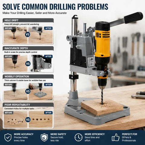 Adjustable Drill Press Stand For Hand Drill Benchtop Workstation With Precision Depth Control Scale, showcasing precise drilling with a heavy-duty base.