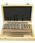 Open wooden case displaying 18 Piece HSS Metric Keyway Broach Set For 12 Through 28 Cutting Broaching Bushings For Pro Grade Precision Ground Teeth CNC Kit For Precise Keyway Machining And Alignment.