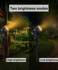 Comparison of high and low brightness modes of Metal Solar Spot Lights Outdoor With 9.8ft Cable Hella Bright 4 Spotlights