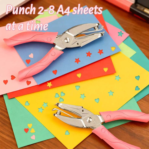 Dual Shape One Quarter Inch Star And Heart Hole Punch Handheld Paper Craft Puncher With Pink Soft Grip Handle on colorful paper