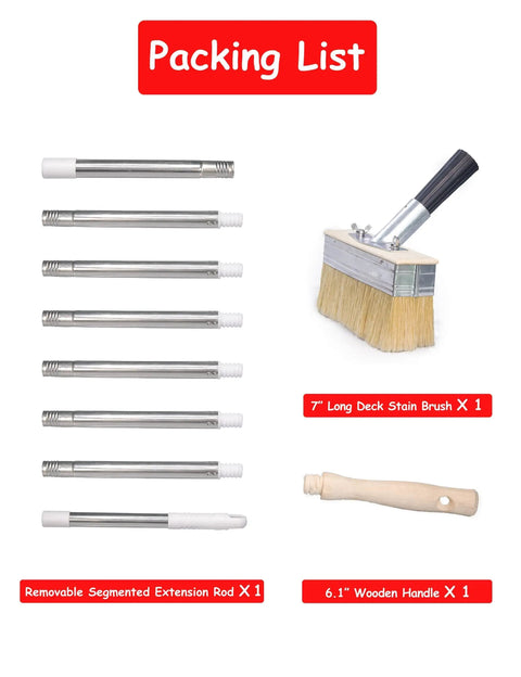 Do It All Adjustable Long Handle Deck Stain Brush Kit With 100 Percent Natural Bristle Wide Paint Brush For Wood Stains Oils Deck Coatings Fence Walls And Furniture Including Extension Rod For Easy Back Saving Application, showing bristles, rods, and wooden handle.