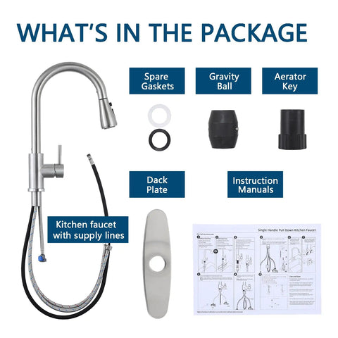 Heavy Duty Kitchen Faucet With Smooth Pull Down Sprayer In Top Shelf Brushed Nickel Rust Resistant Steel Body components and manuals.