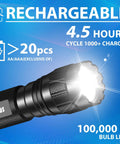 Rugged 1200 Lumen Tactical LED Flashlight With Duty Belt Holster For Law Enforcement And Camping Single Mode Beam Built For Police Ops And Everyday Carry Sentinel X1 shown illuminating with text on rechargeable battery life