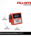 1-Inch Mechanical Fuel Meter With Three Wheels, Aluminum Housing, 5-20 GPM shown in red with measurement dimensions