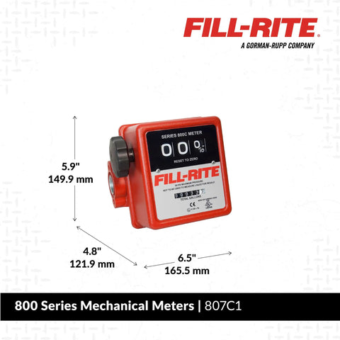 1-Inch Mechanical Fuel Meter With Three Wheels, Aluminum Housing, 5-20 GPM shown in red with measurement dimensions