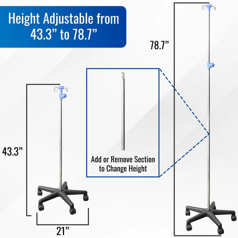 Heavy Duty Stainless Steel Rolling IV Pole Stand With Built Tough Four Prong Holders And Quick Glide Casters, height adjustable 43.3" to 78.7".
