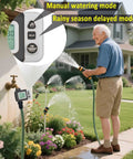 Elderly man using irrigation kit automatic watering system with timer near lawn, showing manual watering and rainy season delayed modes.
