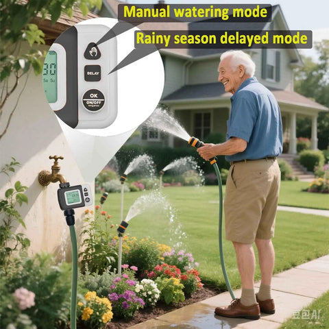 Elderly man using irrigation kit automatic watering system with timer near lawn, showing manual watering and rainy season delayed modes.