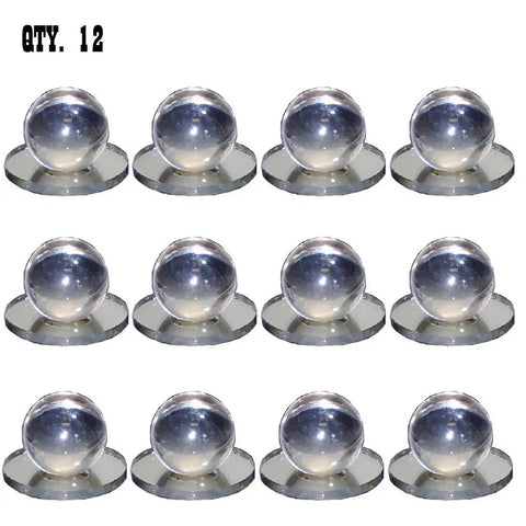 Clear Acrylic Round Mirror Knobs Self Stick Pull Handles Pack Of Twelve Easy No Drill Install With Strong Double Sided Tape One Inch Ball Knobs On One And A Half Inch Back Multipurpose Cabinet Door Drawer Decor Hardware, shown in a pack of 12 with reflective surface.