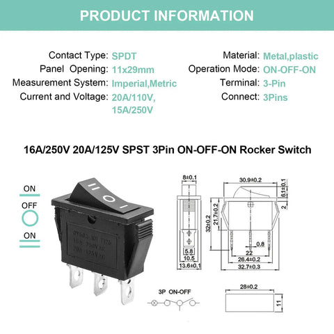 5 Pack SPDT 3 Pins 3 Position ON OFF ON Toggle Rocker Switches For Car Boat And Marine Use technical diagram view