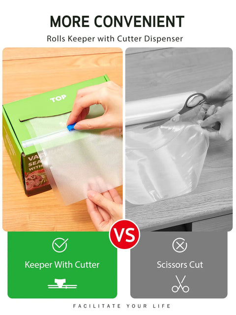 Comparison of 11 Inch By 150 Foot Food Vacuum Seal Roll With Cutter Dispenser and scissors cutting method.