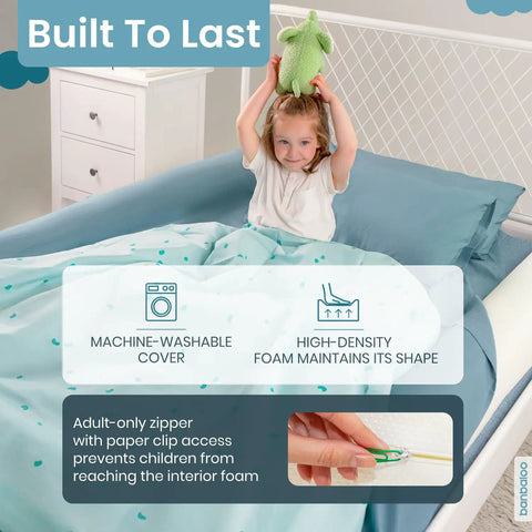 Child in bed with Two Pack 53 Inch Foam Bed Bumpers for Toddlers, easy install, machine-washable, high-density foam rail guards.
