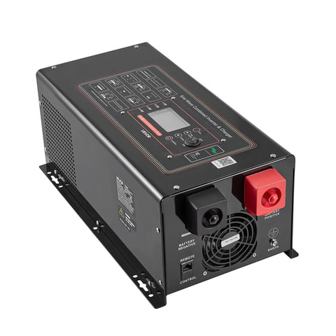 Hardcore Workhorse 3000W Pure Sine Wave Inverter Charger Converts 12V Direct Current To Straight 120V Household Power For Rv Campers And Home Backup With Bright Lcd Screen And Wireless Remote side view showing connections and LCD display