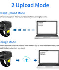 Diagram showing Ring Bluetooth Barcode Scanner Portable 3 In 1 Wireless 2 4Ghz And USB Wired with upload modes to laptop.
