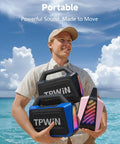 Man holding 80W Portable Bluetooth Speaker With Big Bass And Rugged Outdoor Vibe, shown on a beach, IPX6 waterproof.