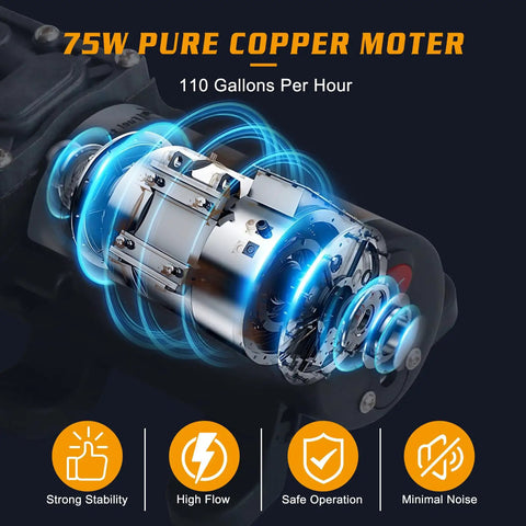 Portable DC 12V 75W Gasoline Transfer Pump Delivers Up To 110 GPH For Vehicles Boats Motorbikes And Equipment With A 39 Inch Suction Reach Easy To Use Clean And Efficient Fuel Transfer For Home Shop Or On The Go showing pump motor