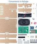 DIY FM Radio Kit 76 108 MHz With LCD Display Digital Radio Module Headphone Jack components laid out neatly