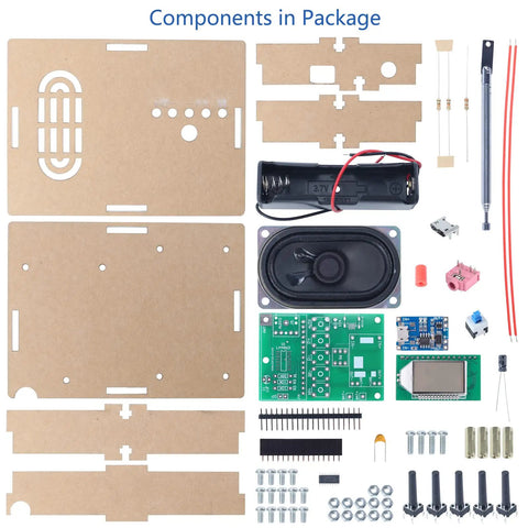 DIY FM Radio Kit 76 108 MHz With LCD Display Digital Radio Module Headphone Jack components laid out neatly