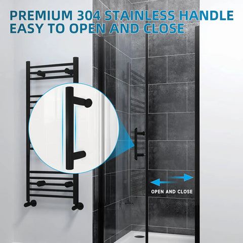 Slick Matte Black Frameless Pivot Shower Door Featuring Thick Clear Tempered Glass And Smooth Reversible Swing Action For A Straight Up Bathroom Upgrade with premium 304 stainless handle.