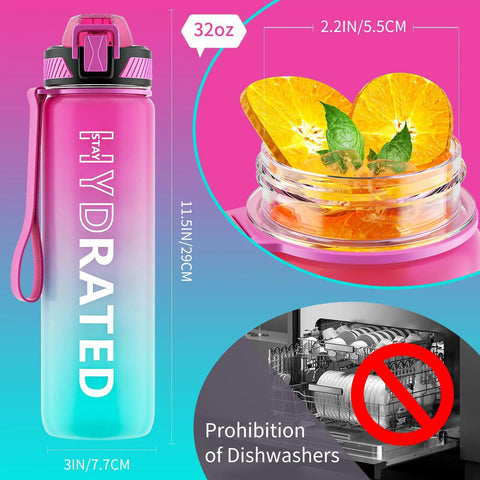Pink 32oz Motivational Water Bottle With Time Marker And Straw, BPA Free Tritan Sports Bottle With Carry Strap, fruit insert