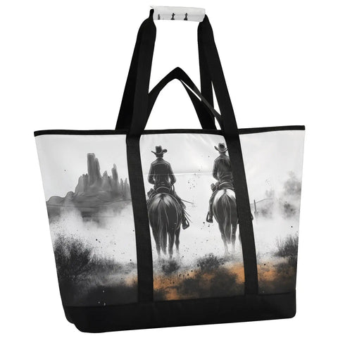 Western Desert Cowboy Style Insulated Cooler Bag with large capacity featuring a cowboy scene, leak-proof design for travel and camping.