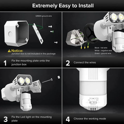 Installation steps for Motion Sensor Outdoor Flood Lights 28W 3500 Lumens Hardwired Security Light with IP65 waterproof feature.