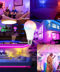 Collage of Color Changing Light Bulbs 5W A19 RGB LED used in bedroom, living room, and party settings with remote control.