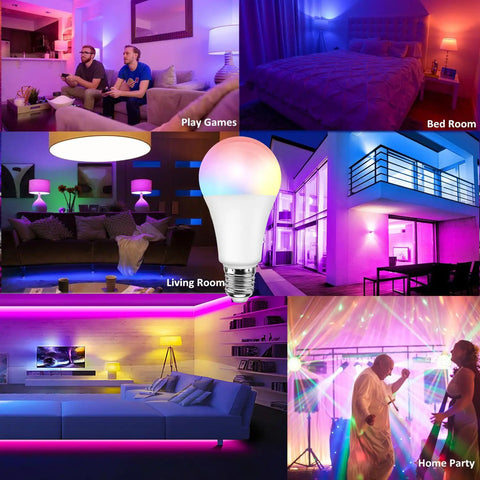 Collage of Color Changing Light Bulbs 5W A19 RGB LED used in bedroom, living room, and party settings with remote control.