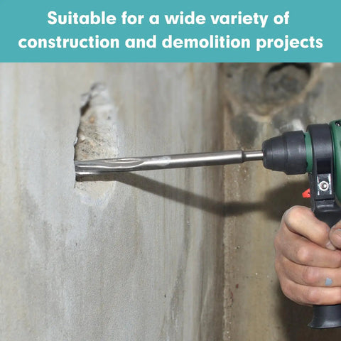 SDS Max Shank Rotary Hammer Chisel Set With 16 Inch Shank Point And Flat Carbide Chisels drilling into concrete wall