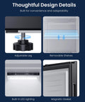 Thoughtful design features of the Massive 11 Cu Ft 4 In 1 Convertible Upright Freezer And Refrigerator with adjustable leg and LED lighting.