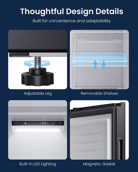 Thoughtful design features of the Massive 11 Cu Ft 4 In 1 Convertible Upright Freezer And Refrigerator with adjustable leg and LED lighting.