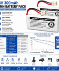 Dead Simple Swap Two Pack 2.4 Volt 300Mah NiMh Rechargeable Batteries For Vtech Cordless Phones Compatible With Bt162342 And Bt262342 displayed with specs on a blue background.