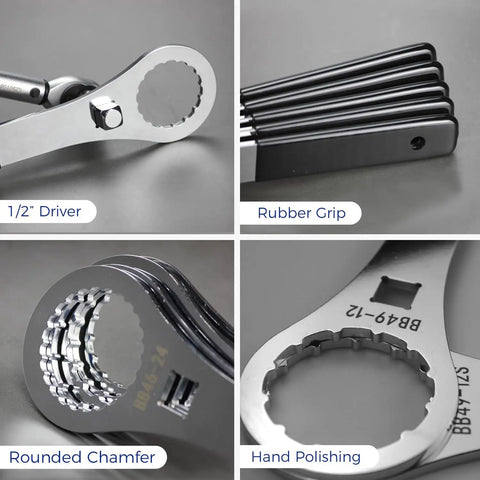 Close-up of Beefy Heavy Duty Bike Bottom Bracket Tool with 1/2" drive, rubber grip, and rounded chamfer features.