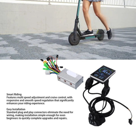 Slick Color Screen LCD Dashboard Upgrade Kit With 350W Brushless Controller For Electric Scooters, shown with connectors, kit on a scooter