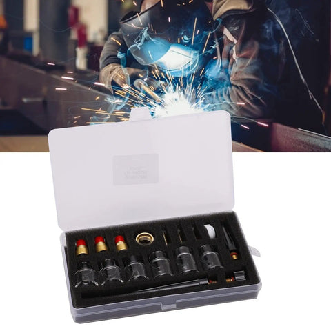 Go To Welding Glass Cup Nozzle Kit For WP9 20 Argon Torch displayed in case with welder in background