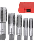 Six Piece NPT Pipe Tap Set Including One Inch Three Quarters Inch One Half Inch Three Eighths Inch One Quarter Inch And One Eighth Inch Taps For Pipe Thread Repair Re Threading Damaged Or Jammed Threads In Bearing Steel With Heavy Duty Storage Case