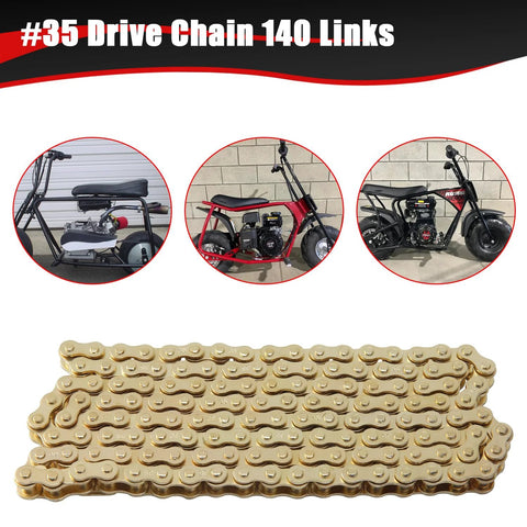 Kamier #35 drive chain, 140 links, gold color, close-up view for 79cc-100cc minibikes