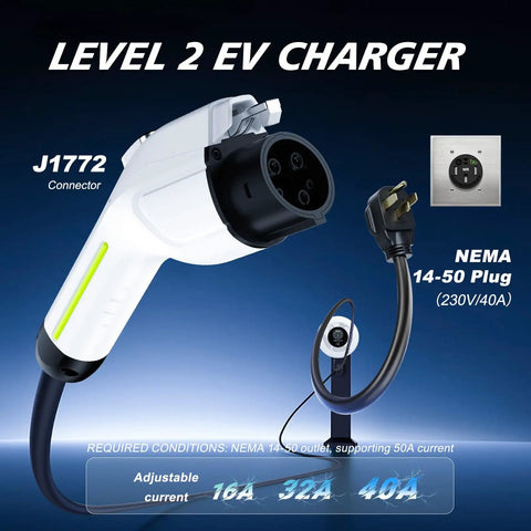 Level 2 Ev Charger 40 Amp 9.6Kw Wall Mount Home Charging Station J1772 Connector with NEMA 14-50 Plug and adjustable current.