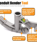 Aluminum Die Cast Conduit Bender Tool for Three Quarters Inch EMT and One Half Inch Rigid Pipe with built-in level gauge.