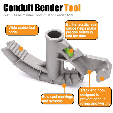 Aluminum Die Cast Conduit Bender Tool for Three Quarters Inch EMT and One Half Inch Rigid Pipe with built-in level gauge.