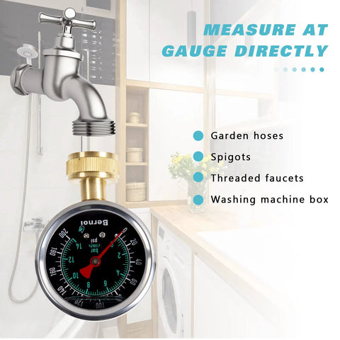 Liquid Filled Water Pressure Gauge Kit 0-200 Psi With 5 Piece Quick Connect Set, Standard Three Quarter Inch Female Garden Hose Thread, Home Use Gauge For Faucets And Hoses, Includes One Quarter Inch And One Half Inch Adapters on faucet