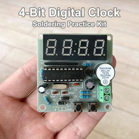 Hands On Soldering Practice Kit For A 4 Bit Clock Project With DIY Electronics Kit Included Alarm Countdown Stopwatch Functions And Clear English Instructions For Beginners And Hobbyists in a hand close-up.